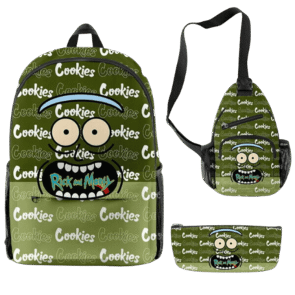 Green 'Rick and Morty Cookies' 3-Piece Backpack, Sling Bag, and Pencil Case Set