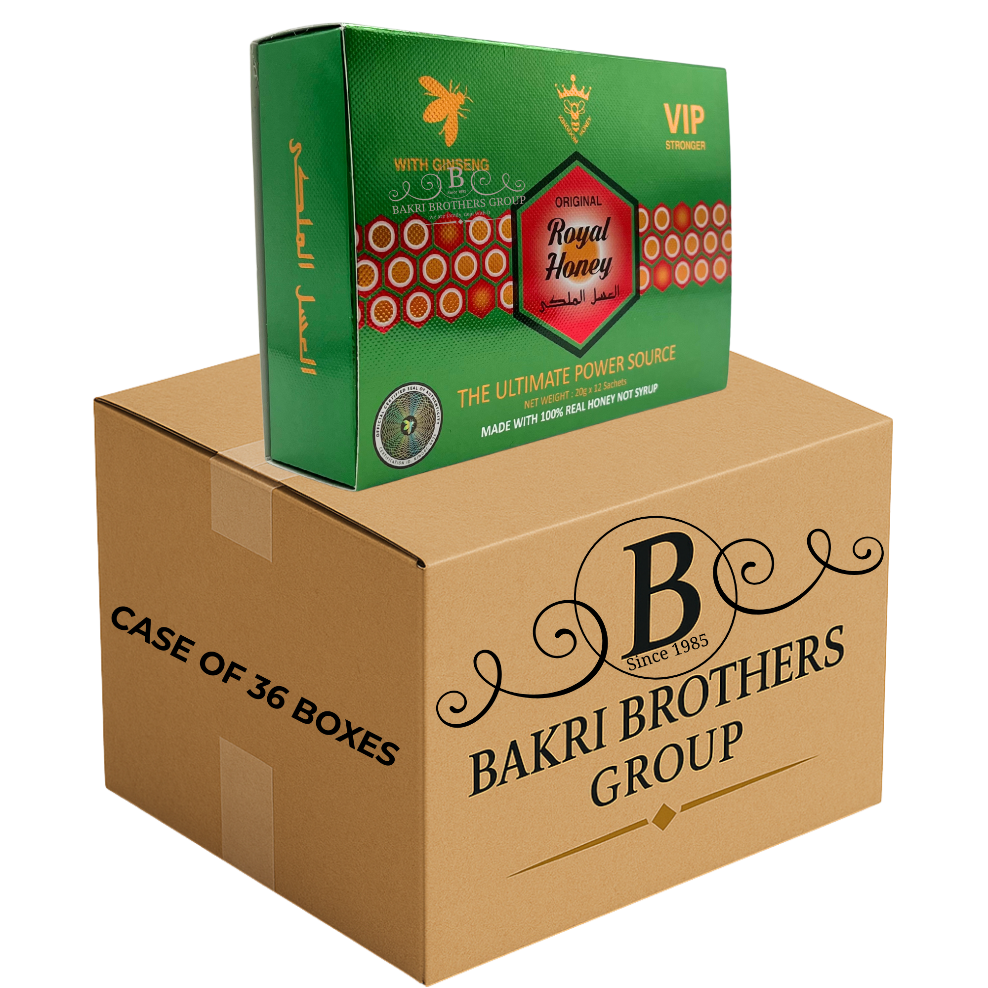 15 ROYAL HONEY VIP GREEN – 12 SACHETS/BOX – CASE OF 36 BOXES With Ginseng • Made with 100% Real Honey - Image 1