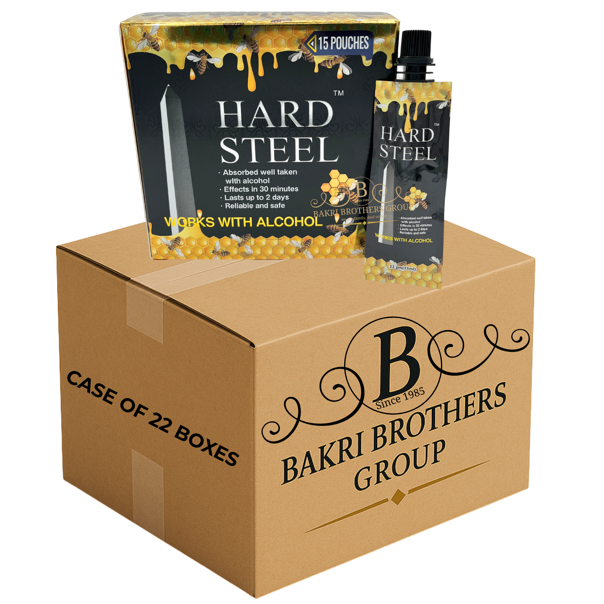 34 HARD STEEL HONEY 15 POUCHES – CASE OF 22 BOXES Works With Alcohol – Perfect for Gas Stations, C-Stores & Smoke Shops - Image 1